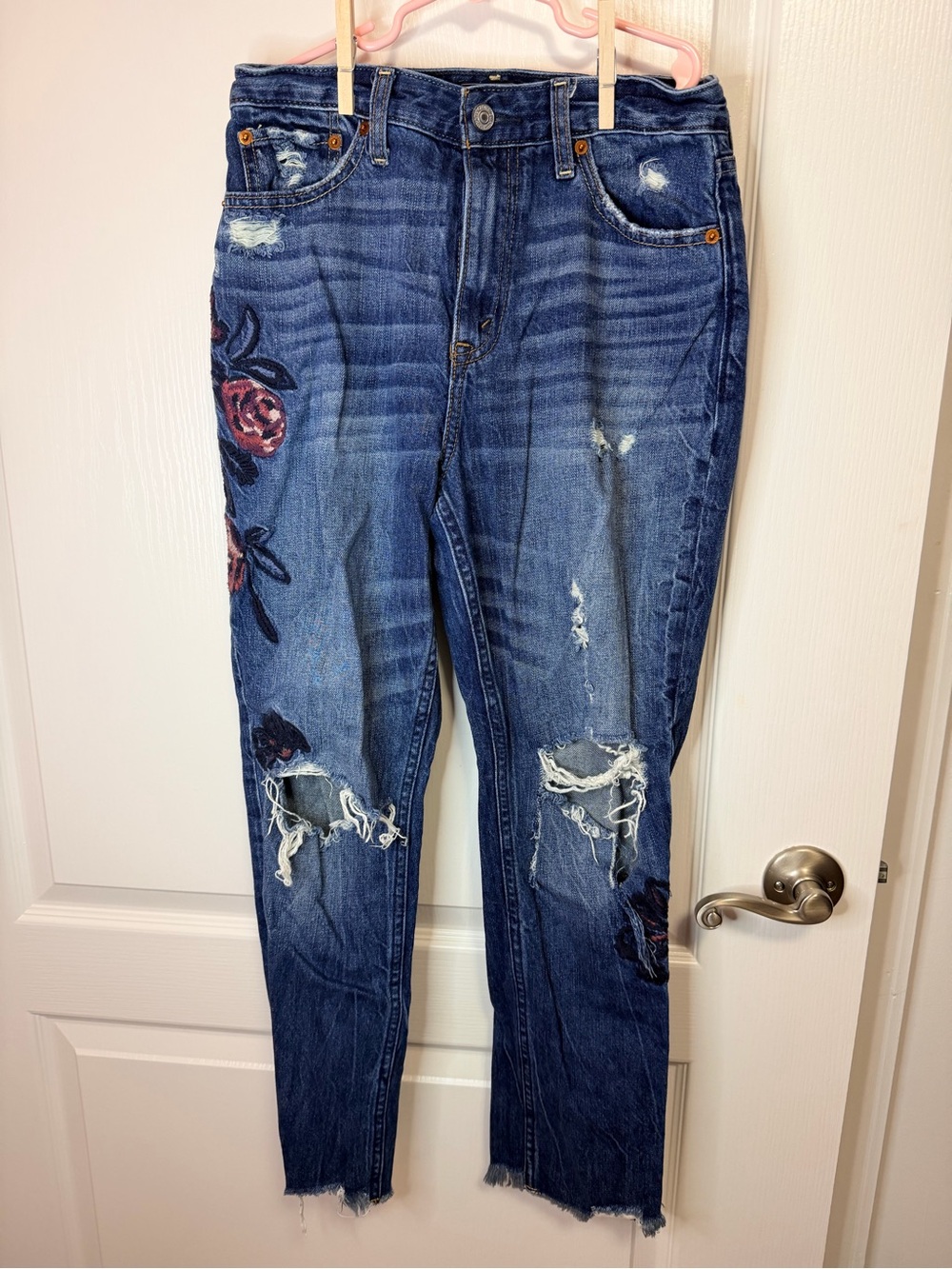 Abercrombie & Fitch Women's Distressed Blue Embroidered High-Rise Jeans